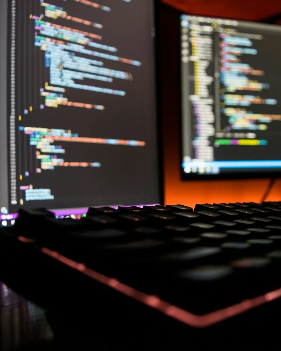 Code on two monitors behind a backlit keyboard in a dark room.